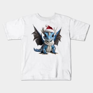 Realistic Artwork of a Cute Blue Baby Dragon Wearing a Red Santa Christmas Hat Kids T-Shirt